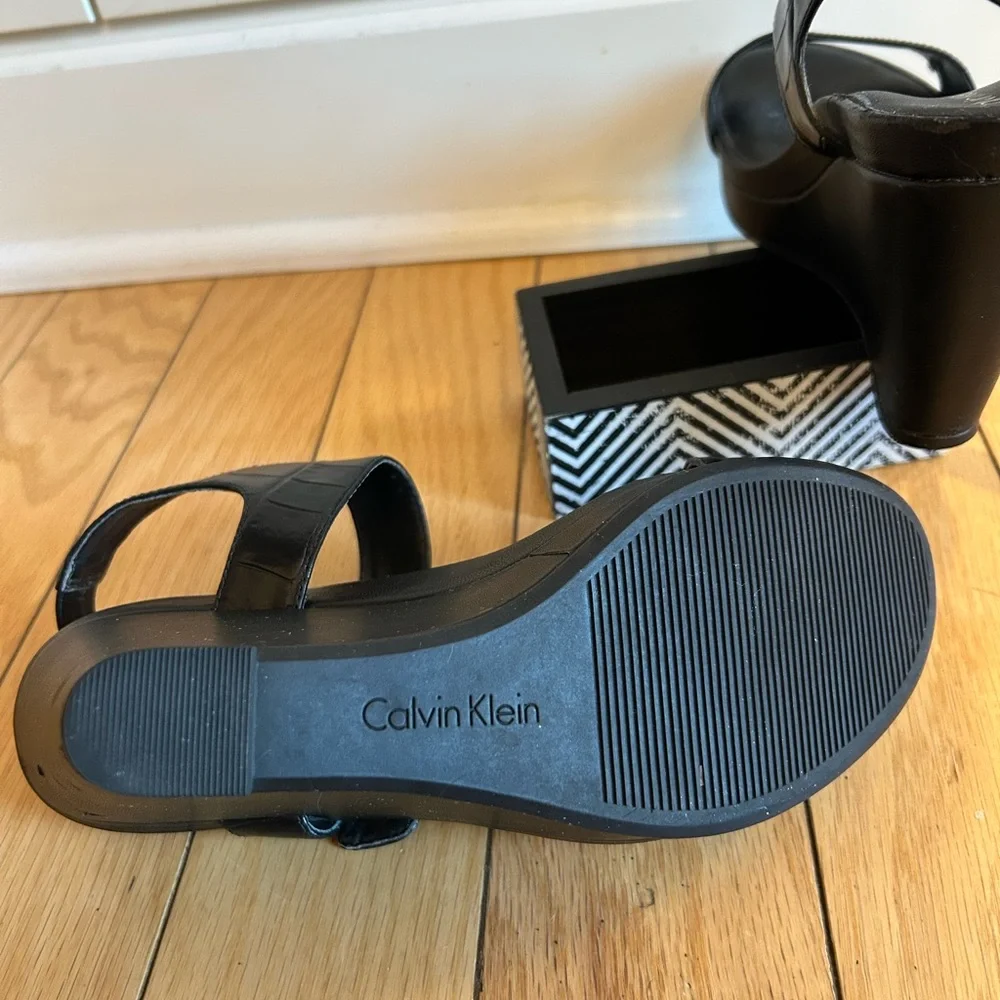Calvin Klein Glossy Black Croc Wedge Sandals